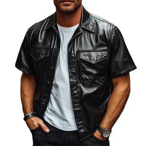 Men's Summer Loose Black Leather Short Sleeve Shirt