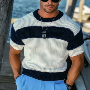 Men's Casual Contrast Color Round Neck Slim Fit Knitted Short Sleeve Sweater T-Shirt