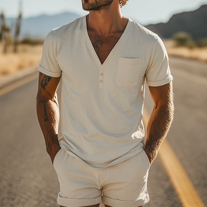 Herren Frühlingsmode Lässiges Wildleder-Kurzarm-T-Shirt mit V-Ausschnitt