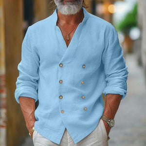 Men's Cotton And Linen Stand Collar Double Breasted Long Sleeve Shirt