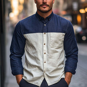 Herren Basic Langarmhemd aus Baumwolle und Leinen mit Kontrastnähten
