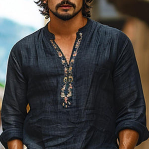 Men's Cotton And Linen Breathable Printed V-Neck Long Sleeve Shirt