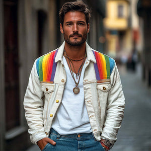 Men's Rainbow Fabric Patchwork White Denim Jacket
