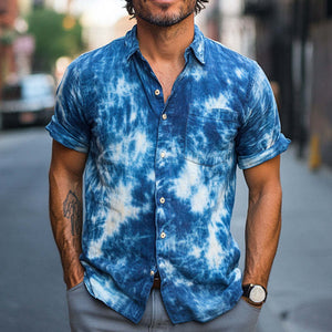 Men's Summer Blue Tie-Dye Cotton Casual Short Sleeve Shirt