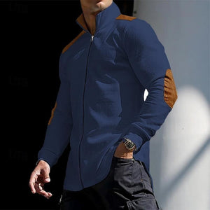 Men's Color Block Waffle Zipper Stand Collar Long Sleeve Shirt