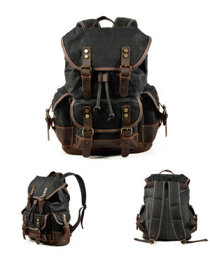 Herren-Rucksack aus Vintage-Canvas-Nähten und Leder mit mehreren Taschen