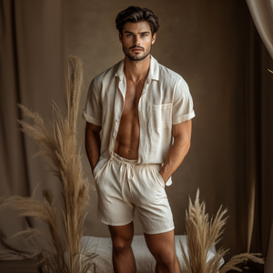 Herren Casual Leinen Revers Kurzarmhemd Lose Shorts Set