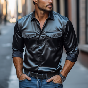 Men's Fashion Spring Summer Retro Casual Satin Long Sleeve Shirt
