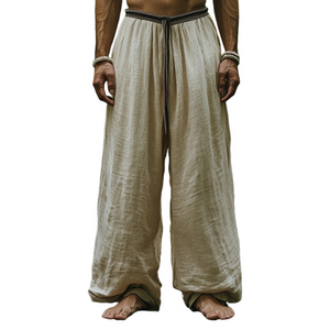 Men's Straight Loose Cotton And Linen Vintage Belt Casual Pants