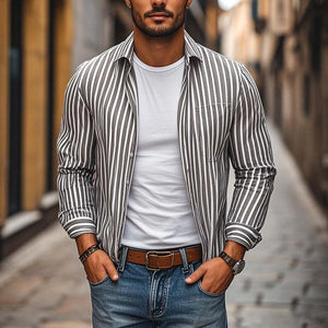 Men's Casual Comfort Cotton Linen Striped Lapel Chest Pocket Loose Long Sleeve Shirt