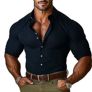 Men's Black Ribbed Fashion Slim Fit Long Sleeve Shirt