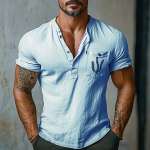 Men's Casual Pocket Print Henley Neck Short Sleeve T-Shirt