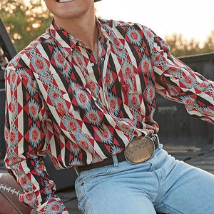 Men's Western Cowboy Stripe Printed Vacation Long Sleeve Shirt