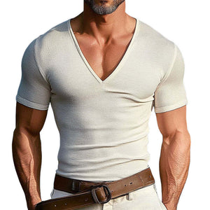 Einfarbiges, gestricktes, lässiges Kurzarm-T-Shirt mit V-Ausschnitt für Herren