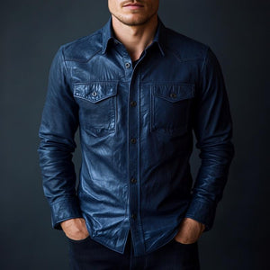 Men's Stylish Dark Blue Lapel Long Sleeve Leather Shirt