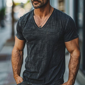 Lässiges, strapazierfähiges, gewaschenes, kurzärmeliges Herren-T-Shirt mit V-Ausschnitt