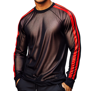 Men's Sports And Casual Sunscreen Mesh Striped Splicing Round Neck Long Sleeve T-Shirt