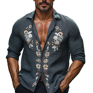 Men's Vintage Floral Embroidered Long Sleeve Shirt