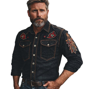 Herren-Jeanshemd mit Vintage-Stickerei und langen Ärmeln