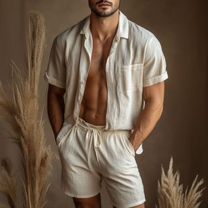 Herren Casual Leinen Revers Kurzarmhemd Lose Shorts Set
