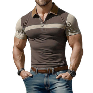 Men's Summer Brown Polo Collar Colorblock Stretch Slim Fit T-Shirt