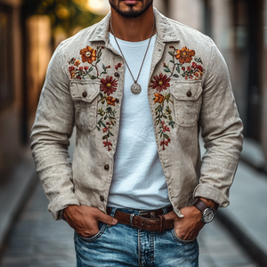 Men's Casual Linen Embroidered Lapel Chest Pocket Slim Fit Shirt Jacket