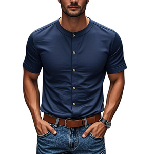 Men's Casual Cotton Round Neck Single Breasted Slim Fit Short Sleeve Shirt
