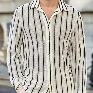 Men's Casual Breathable Vertical Striped Knitted Long-sleeved Shirt