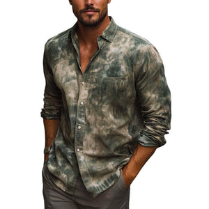 Men's Dark Green Mottled Print Casual Long Sleeve Shirt