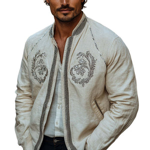 Men's Spring Fashion Embroidered Cotton And Linen Jacket