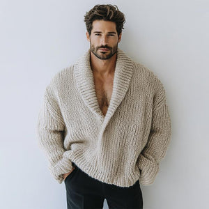 Men's Fashion Oversize Style Solid Color Lapel Long Sleeve Casual Knit Sweater