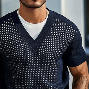 Einfarbiges, gestricktes T-Shirt mit V-Ausschnitt und kurzen Ärmeln für Herren