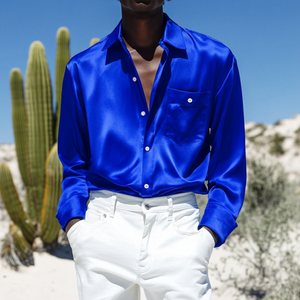 Men's Vintage Satin Lapel Patch Pocket Loose Long Sleeve Shirt