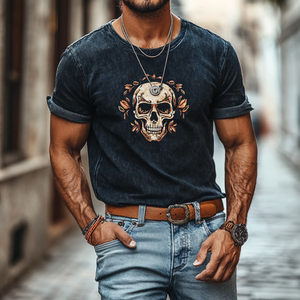 Men's Retro Denim Washed Skull Print Round Neck Slim Fit Short Sleeve T-Shirt
