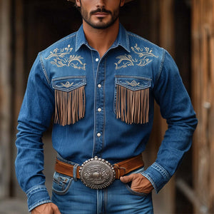 Dunkelblaues Vintage-Western-Jeanshemd mit bestickter Quaste für Herren