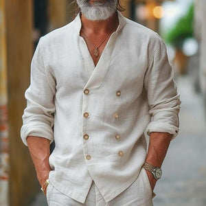 Men's Cotton And Linen Stand Collar Double Breasted Long Sleeve Shirt