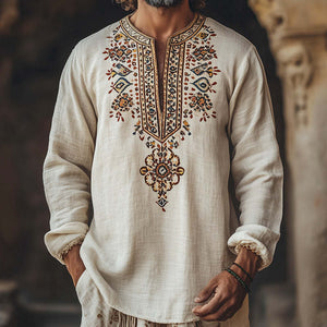 T-Shirt mit offenem Kragen und ethnischem Aufdruck für Herren