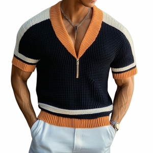 Men's Casual Contrast Color Zip V-Neck Loose Knitted Short Sleeve Sweater T-Shirt