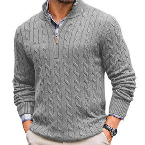 Men's Solid Cable Knit Half High Collar Long Sleeve Sweater