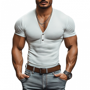 Men's Casual V-neck Button Cotton Blend Slim Fit Short Sleeve T-Shirt