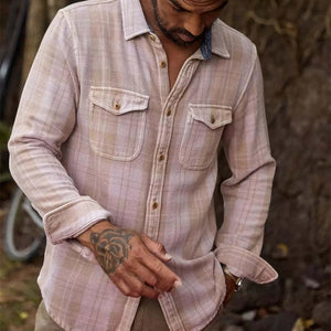 Men's Retro Pink Plaid Twill Slim Fit Long Sleeve Shirt