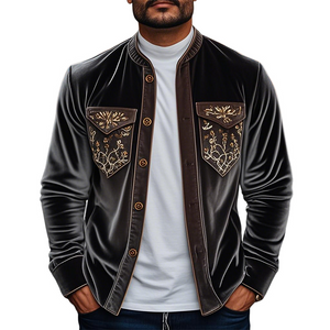 Men's Spring Fashion Retro Embroidered Velvet Long Sleeve Shirt