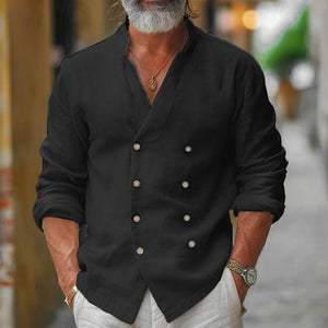 Men's Cotton And Linen Stand Collar Double Breasted Long Sleeve Shirt