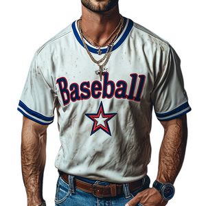 Men's Retro Casual Baseball Printed Round Neck Short Sleeve T-Shirt