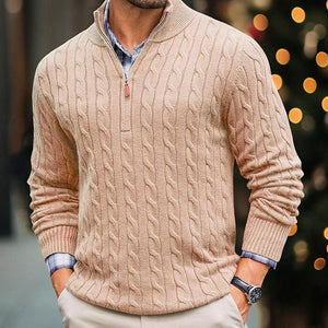Men's Solid Cable Knit Half High Collar Long Sleeve Sweater
