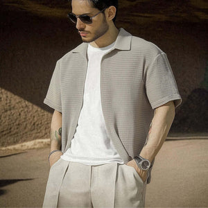 Men's Casual Gray Textured Short-sleeved Shirt