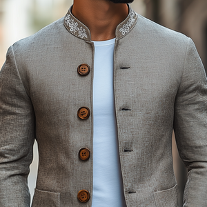 Klassische Retro-Casual-Stehkragenjacke aus dünner Baumwolle und Leinen mit Stickerei für Herren