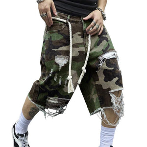 Men's Camouflage Washed Ripped Cropped Trousers