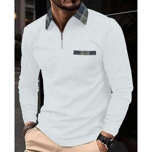 Herren-Poloshirt mit Karomuster, Nähten, Reißverschluss und Reverstasche, langärmelig