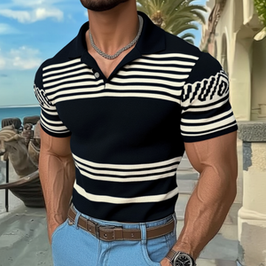 Men's Casual Lapel Striped Jacquard Slim Fit Knitted Short Sleeve Sweater T-Shirt
